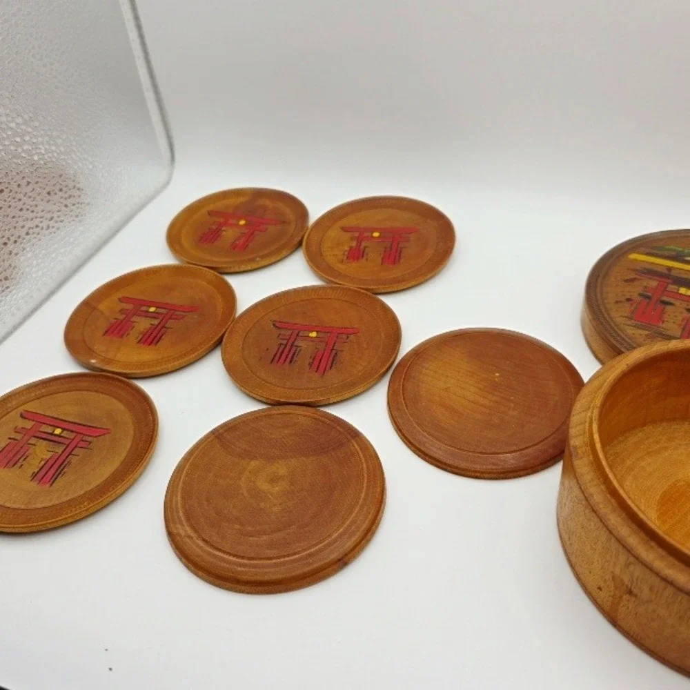Vintage Japanese Torii Gate Wooden Coaster‎ Set with Storage Box